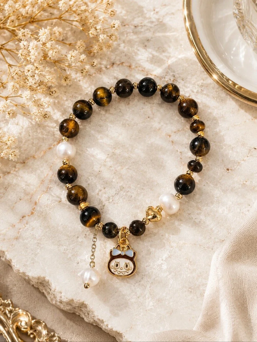 Labubu Tiger Eye Beaded Bracelet Pearl Charm Gold Tone Stretch Bracelet